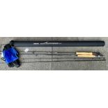 TWO FLY FISHING RODS comprising a Normark two-piece Bluefox Firefly 8' rod with blue slip and a