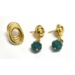 GOLD & CHRYSOPRASE DROP EARRINGS A pair of 3.0cm long, 9ct gold domed stud earrings terminating in
