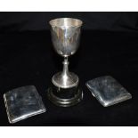 ANTIQUE SILVER CIGARETTE CASES & CUP Two curved back cases monogrammed to one corner, one with