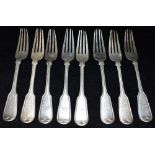 VICTORIAN SILVER FIDDLE AND THREAD FORKS Eight large table forks with monogrammed handles.