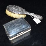 SILVER LIDDED BOX & SILVER BACKED BRUSH Box approx 10.5 x 9.2cm standing 5.3cm high, with monogramme