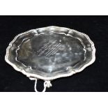 ANTIQUE SILVER CLAW FOOT PLATTER 20cm in diameter with cartouche and gadroon decoration with edge on