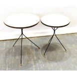 A GRADUATED PAIR OF MID-CENTURY OCCASIONAL TABLES with circular Formica tops on wirework bases, 40cm