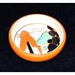 A CLARICE CLIFF BIZARRE 'ORANGE TREES AND HOUSE' PATTERN PIN DISH painted decoration of stylised