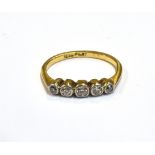 ESTATE CUT DIAMOND 18CT GOLD & PLAT RING Five old European cut diamonds set in platinum topped