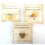 COINS - THREE QUEEN'S DIAMOND JUBILEE COMMEMORATIVE GOLD COINS, 2012-13 (each .585, 0.5g).