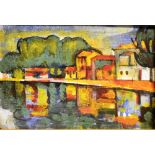 ZHANI CANCO (ALBANIAN 20TH CENTURY) 'liqeni Pogradec' [lake Pogradec] Oil on board Inscribed and