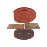 RAILWAYANA - FOUR CAST IRON PLATES comprising an L.M.S. bridge plate '71', 42cm wide (one end with