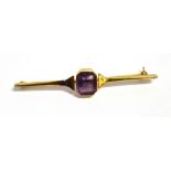 AMETHYST 15CT GOLD BAR BROOCH Approx 6cm long x 1.6mm wide, with engraved sides on wire pin and C