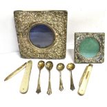 ASSORTED ANTIQUE SILVER ITEMS To incude two, heavily chased square frames, two mother of pearl
