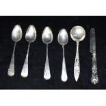 ASSORTED ANTIQUE SILVER SPOONS & KNIFE Three hanoverian pattern Georgian teaspoons hallmarked London