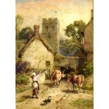 MYLES BIRKET FOSTER (1825-1899) Cattle Droving before the Church Watercolour Monogrammed lower