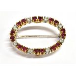 RUBY & DIAMOND OVAL BROOCH 18ct gold oval claw set brooch, 2.5cm long x 2.0cm wide, alternating