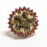 18CT GOLD RUBY & STAR SAPPHIRE RING 19.8mm diameter ballerina style head, set with six round star