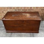 A STAINED HARDWOOD BLANKET BOX with carrying handle to each end, candle box and drawer to