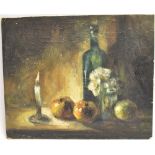 ENGLISH SCHOOL, 20TH CENTURY Still Life with Candle, Fruit and Bottle Oil on board 37cm x 45cm