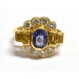 SAPPHIRE, DIAMOND & CITRINE DRESS RING 14.2mm long x 16.7mm wide, bezel set cluster head, with