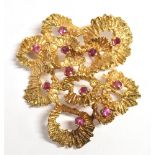 VINTAGE RUBY & GOLD BROOCH 3.7cm wide, 1970's style naturalistic textured bark style, set with