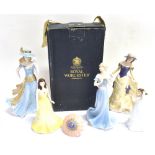 THREE ROYAL WORCESTER FIGURES: 'Tea at the Ritz', 'Alice', 'Ellie'; together with Royal Doulton