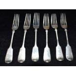 SIX VICTORIAN SILVER TABLE FORKS Set of six fiddle shaped forks. Hallmarked London 1888. Total