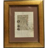 [DOCUMENTS]. AN ILLUMINATED VELLUM MANUSCRIPT LEAF probably 15th century, comprising sixteen lines