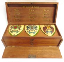 A PRESENTATION SET OF MALWA STATES HAND-PAINTED COPPER HERALDIC PLAQUES circa 1941, comprising Dhar,