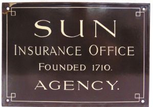 A SUN INSURANCE ENAMEL WALL SIGN 'SUN / INSURANCE OFFICE / FOUNDED 1710 / AGENCY', with cream