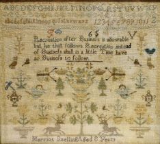 A MID 19TH CENTURY SAMPLER incorporating upper and lower case alphabets, numbers, an adage '