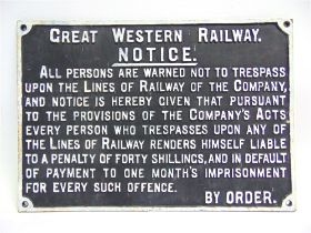 RAILWAYANA - A GREAT WESTERN RAILWAY CAST IRON SIGN 'NOTICE... ALL PERSONS ARE WARNED NOT TO