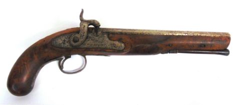 A PERCUSSION PISTOL 19th century, with a 9 inch (23cm) octagonal barrel and a walnut stock, the