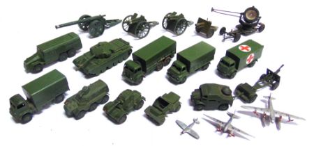 ASSORTED DIECAST MILITARY VEHICLES, ARTILLERY PIECES & AIRCRAFT by Dinky (13), and Britains (5),