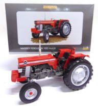 A 1/16 SCALE UNIVERSAL HOBBIES MASSEY FERGUSON 165 MK III red and grey, mint or near mint, boxed.