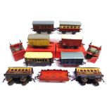 [O GAUGE]. A HORNBY COLLECTION comprising five coaches, all unboxed; four wagons, two of them in