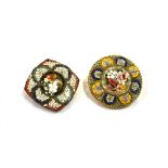 ITALIAN MICRO MOSAIC VINTAGE BROOCHES One 31.3mm round and one 27.1mm cushion shaped, with intricate