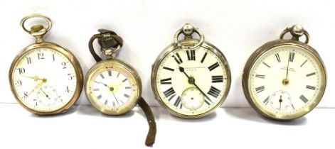 VARIOUS SILVER OPEN FACE POCKET WATCHES Four silver cased pocket watches, with white enamel dials