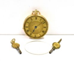 18CT GOLD SWISS OPEN FACE POCKET WATCH Circa 1860, 36.3mm diameter engraved case, engine turned dial