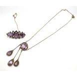 ANTIQUE AMETHYST BROOCH & NECKLACE Gilded silver brooch stamped 830, set with three oval