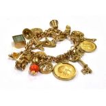 9CT CHARM BRACELET WITH HALF SOVEREIGNS 16cm long solid curb link chain secured by heart shaped