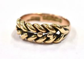 VICTORIAN 9CT GOLD KEEPER RING A plaited design, 'keeper' or guard ring worn to prevent more