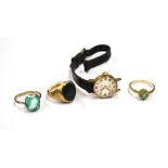 VARIOUS 9CT GOLD RINGS & WATCH To include an oval cut emerald and diamond halo ring, a cushion cut