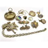 A QUANTITY OF SILVER JEWELLERY To include enamel brooches; RAF Good Luck, 1837-1887 50th Jubilee,
