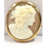 9CT GOLD FRAMED SHELL CAMEO BROOCH 4.5 x 3.7cm oval shell cameo, depicting a finely carved bust of