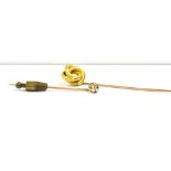 GOLD & ESTATE DIAMOND STICK PINS One high carat gold lovers knot, on an 18ct gold stick pin, with