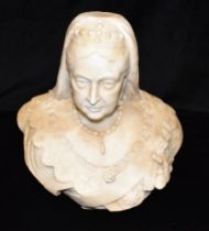 A CARVED MARBLE BUST OF QUEEN VICTORIA late 19th century, depicted wearing an undrawn veil,