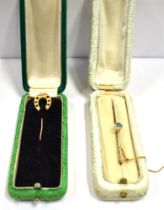 9CT GOLD & PASTE STONE SET BROOCHES One knife edge bar brooch, set with a pale blue paste stone,