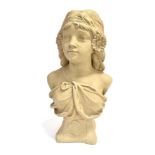 AN ART NOUVEAU STYLE PAINTED CAST CONCRETE BUST OF A YOUNG WOMAN of comparatively modern