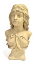 AN ART NOUVEAU STYLE PAINTED CAST CONCRETE BUST OF A YOUNG WOMAN of comparatively modern