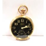 GOLD PLATED OPEN FACE POCKET WATCH Moon case by Dennison Watch Case Co, case no 647471, with black