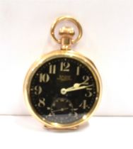 GOLD PLATED OPEN FACE POCKET WATCH Moon case by Dennison Watch Case Co, case no 647471, with black