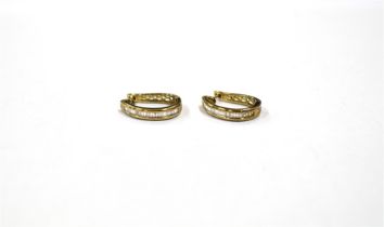 9CT YELLOW GOLD & DIAMOND HOOP EARRINGS 1.8cm long, hinged hoops on clip back posts with baguette
